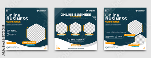 Business webinar social media post template. Modern banner design with black and white background and yellow shape