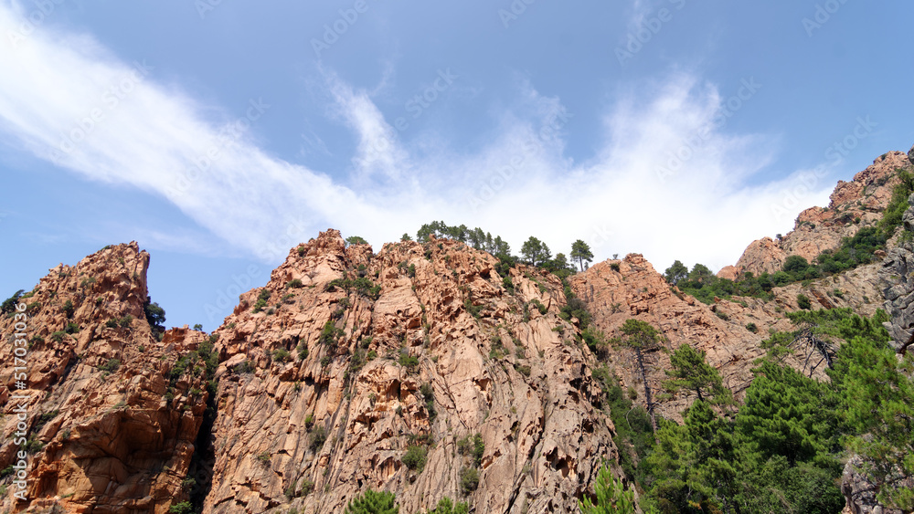 Red granite rock formations between Piana village in Corsica island