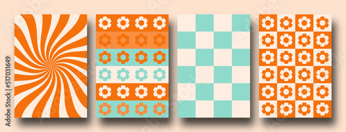 Vector set of Groovy hippie 70s backgrounds. Checkerboard, chessboard, mesh, waves patterns. Twisted and distorted vector texture in trendy retro psychedelic style. Y2k aesthetic.