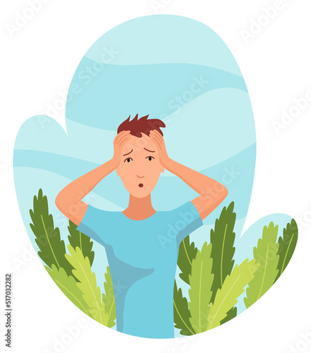 Allergic reactions concept. Symptoms of disease. Man with hypersensitivity and reaction of immune system on some grass