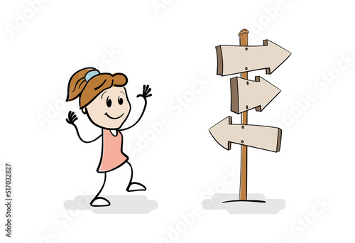 Smilling girl stand in front of a choice. Each arrow has its own direction and points to the right path. Woman standing on crossroad looking for right way forward. Concept of success and career.