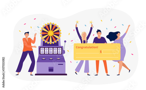 Man and woman winning jackpot on lottery. Female and male characters holding big bank check with congratulations