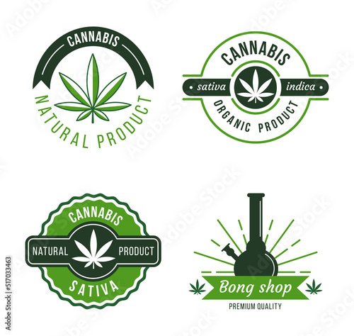 Marijuana label. Modern cannabis logo templates. Organic medical product design elements. Natural legal drugs