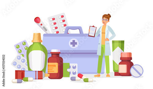 Medication vector concept. Woman pharmacist standing near box with pills. Medical blisters, bottles with tablets