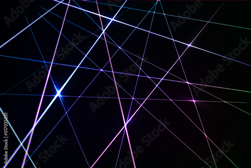 Intersecting glowing laser security beams on a dark background.Art design shine light ray.Laser field.