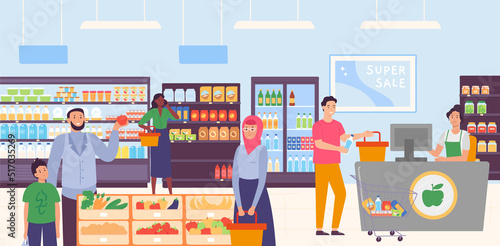 People in supermarket. Father with son choosing apple fruit, women holding baskets with food. Male character