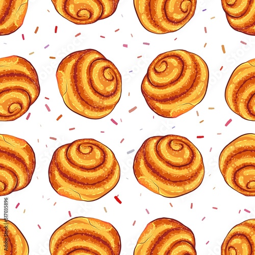 Seamless bun pattern with cinnamon and sugar sprinkles