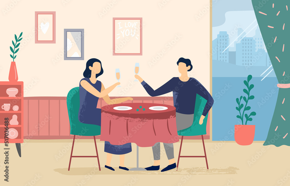 Romantic couple at restaurant. Female and male characters sitting at table and drinking champagne in cafe