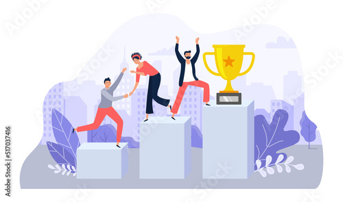 Successful team. Office employees helping each other, cooperating together to achieve goal. Men and woman going upstairs