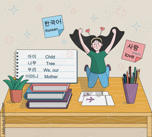 Happy learning Korean. Young girl is learning Korean language, she is happy, she has tickets to fly to Korea. New language. New culture. Education. Enjoyment. 