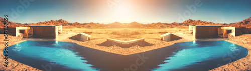 Sea water pool in the middle of a sandy desert. Rest in an oasis. Desert landscape at sunset with a swimming pool. 3D illustration.