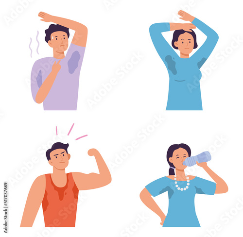 Sweating people. Smell from armpit after sport activity or hot day. Female and male characters with wet stains