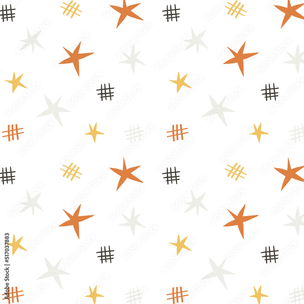 Seamless pattern with cute stars and decorations on white background. Kids design for print, textile, fabric, wallpaper, apparel, wrapping. Simple hand drawn vector illustration.. Seamless pattern with cute stars and decorations on white background. Kids design for print, textile, fabric, wallpaper, apparel, wrapping. Simple hand drawn vector illustration..