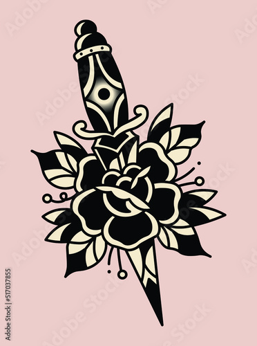 Flash rose with knife. Traditional American old school tattoo