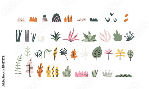 Big collection of jungle, tropical plants drawing in handdrawn style. Vector illustration, clipart isolated on white background. Elements for kids design.