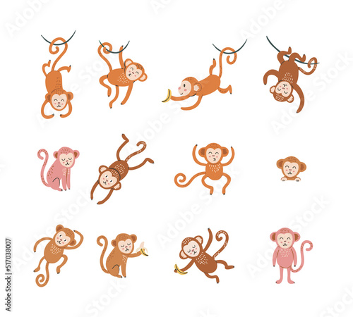 Set of cute monkey with funny face in different poses. Cartoon animal design. Flat vector illustration isolated on white background. photo