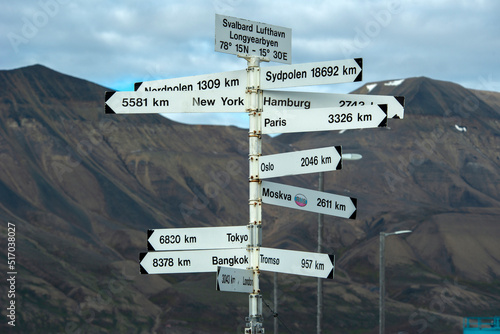 Road sign in Longyearbyen town, Svalbard island, Norway photo