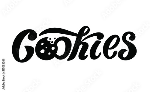 Cookies, Dessert.black handwritten letters digital vector illustration of bitten cookies on the white background. Texture. The illustration is for the cookie packaging banner cards poster.