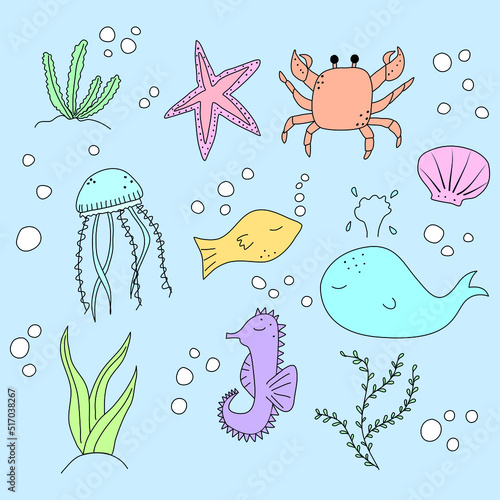 Vector background with cartoon underwater world. Lovely inhabitants of the sea. Colored flat illustration.