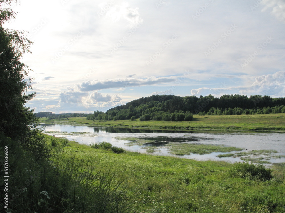 summer river in the countryside in the evening
