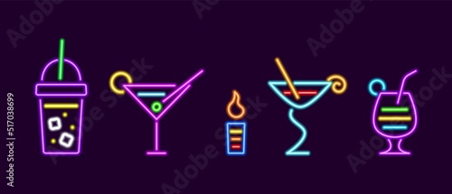 Neon linear cocktails and drinks. Glass with lemonade and ice cubes flaming tincture with irish cream with figured foam in glass cup. Bright pina colada with pineapple vector wedge