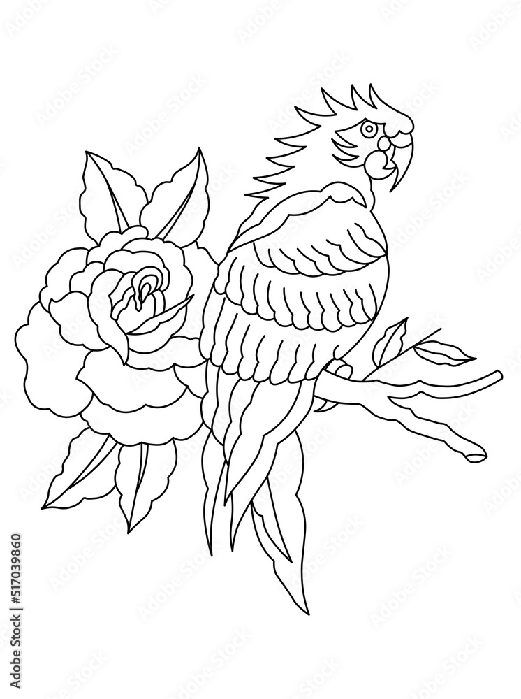 Obraz premium Bird parrot on a flowering branch hand drawing. Illustration of spring nature.