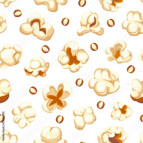 Popcorn pattern. Seamless print of fun snack or TV series and cinema watching, popping corn of various shapes decoration. Vector texture
