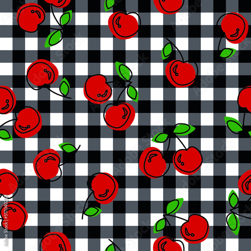red cherries seamless summer pattern strawberries with black and white gingham vector checkered seamless pattern