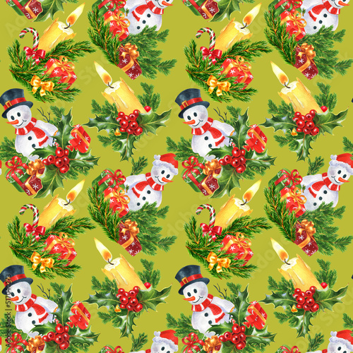 Watercolor Christmas seamless pattern. Christmas tree decorations  snowmen  bells  gifts  ribbons  garland and beads