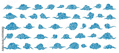 Asian clouds ornament. Chinese Japanese Korean oriental outline festive decorative elements, traditional sky art background. Vector isolated set