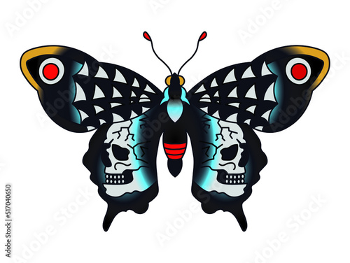 A butterfly with human skulls on its wings, vector illustration.