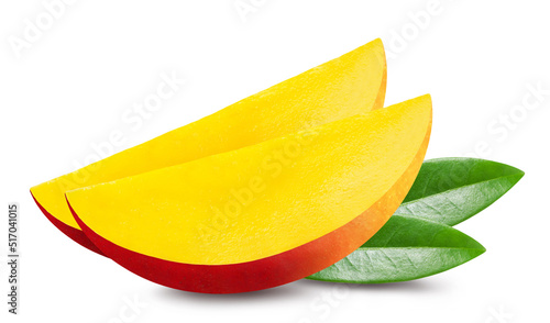Mango isolated. Two juicy slices of ripe mango. Fresh fruits.