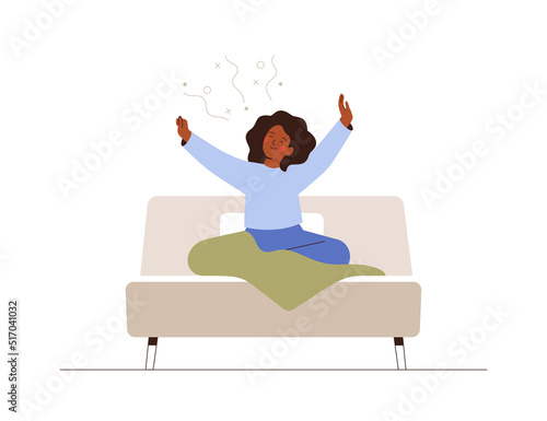 Woman awake from sleep in the morning. African American Girl get out of the cozy bed and stretching with good mood.Healthy lifestyle concept.  Vector illustration