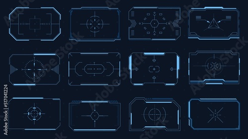 HUD square target. Futuristic user interface frames and borders, Sci-Fi target aim, modern technology viewfinder. Vector digital focus design element collection