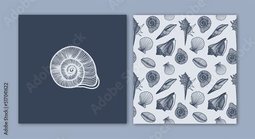 Sea shells collection cards vector seamless pattern
