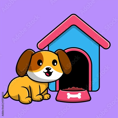 Cute Dog Sitting Beside Dog Cage Skateboard Cartoon Vector Icon Illustration. Animal Flat Cartoon Concept photo