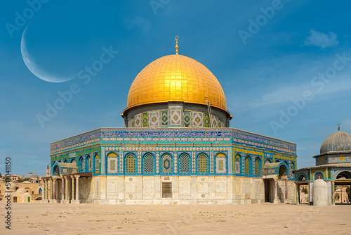 Architecture mosaic decoration of the Dome of the Rock or Qubbat as-Sakhrah in Arabic, on Temple Mount. Ceiling with Islamic art, patterns, tile, ornaments. Jerusalem, Israel.