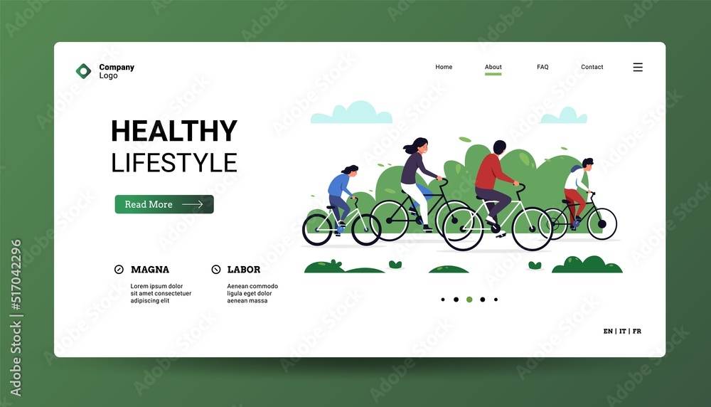 Bicycle landing. Web page template with character on bike ride in park, summer outdoor activity concept. Vector homepage with healthy cyclist Bicycle landing. Web page template with character on bike ride in park, summer outdoor activity concept. Vector homepage with healthy cyclist