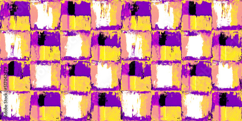 Seamless pop art grunge checker patchwork squares background pattern. Trendy vibrant gender neutral violet and yellow dopamine dressing textile swatch. Contemporary fashion fabric texture backdrop..