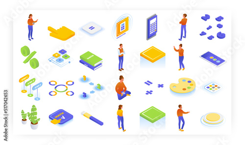 Math calculator app mobile ui design, vector isometric icon set. Online calculator, math equation and problems solver.