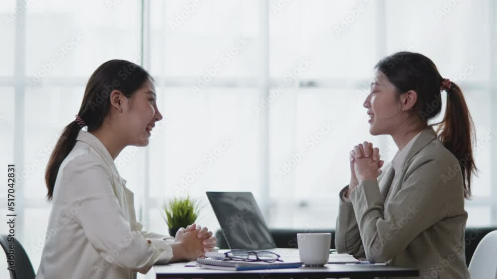Two young beautiful business women are discussed and handshake dealing about works in office space. Two young beautiful business women are discussed and handshake dealing about works in office space.