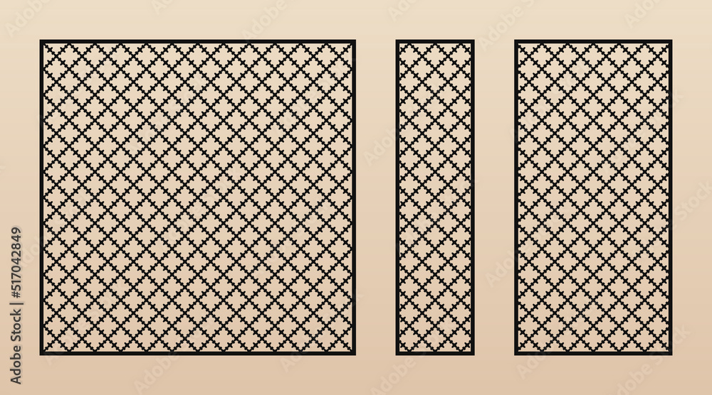 Laser cut panel collection. Vector template with abstract geometric pattern. Delicate floral grid, diamond mesh, net, lattice ornament. Modern stencil for laser cutting. Aspect ratio 1:1, 1:4, 1:2 Laser cut panel collection. Vector template with abstract geometric pattern. Delicate floral grid, diamond mesh, net, lattice ornament. Modern stencil for laser cutting. Aspect ratio 1:1, 1:4, 1:2