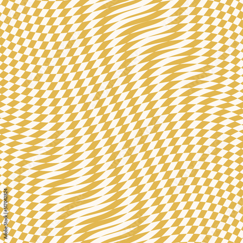 Vector seamless pattern with optical illusion effect. Simple abstract background with distorted checkered grid. Op art texture. Deformed surface. Yellow color. Retro vintage style repeat geo design