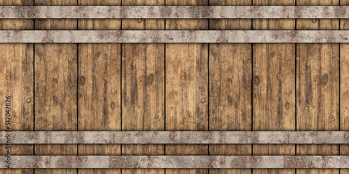 Fototapeta Naklejka Na Ścianę i Meble -  Seamless wooden beer or whiskey barrel with metal straps background texture. Tileable wine cask pattern with rustic oak wood planks and rusted iron trim. Vintage winery concept backdrop 3D rendering..