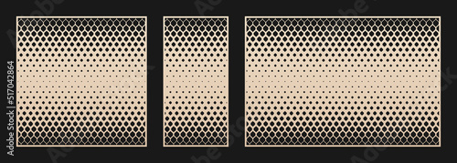 Decorative panels for laser cutting. Vector cutout silhouette with abstract geometric pattern, halftone mesh, gradient effect. Laser cut stencil for wood, metal, plastic. Aspect ratio 1:1, 1:2, 3:2