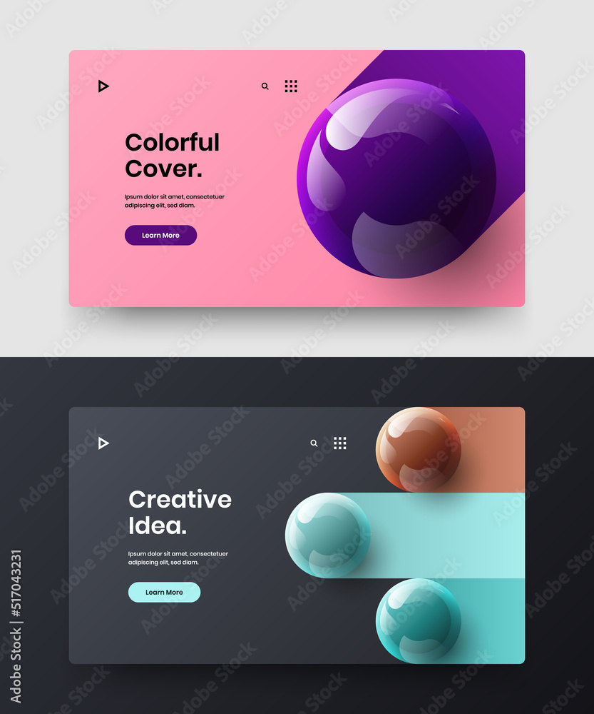 Naklejka premium Abstract landing page design vector template set. Amazing 3D spheres site screen layout collection.