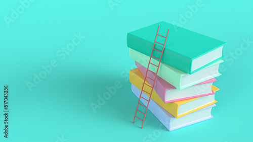 Colorful books on row with little ladder on colorful background. Banner or flat design element. School banner with stack of books, book pile. Education day concept. 3d rendering illustration