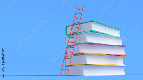 Colorful books on row with little ladder on colorful background. Banner or flat design element. School banner with stack of books, book pile. Education day concept. 3d rendering illustration