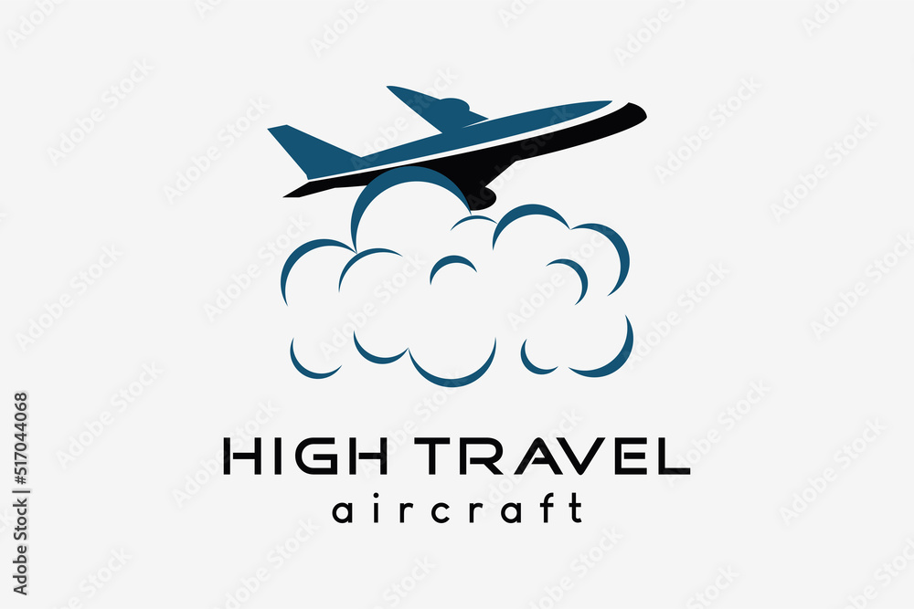 Airplane logo design, tourism business travel vector illustration. Airplane icon with cloud icon in creative concept