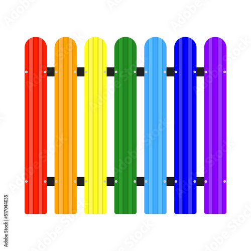 Multicolored bright picket fence icon. Colored horizontal silhouette. Front side view. Metal iron fence. Vector simple flat graphic illustration. Isolated object on a white background. Isolate.